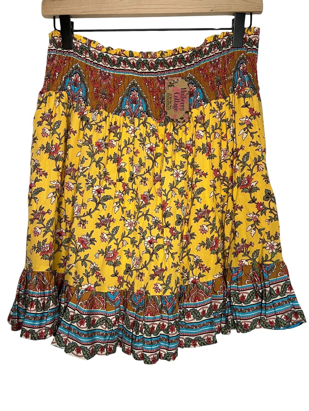 Kori Blue & Yellow Cottagecore Smocked Floral Ruffle Boho Skater Mini Skirt M